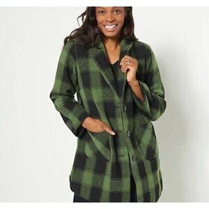 Joan Rivers Button Front Plaid Coat Shawl Collar & Pockets Size XS Green Black
